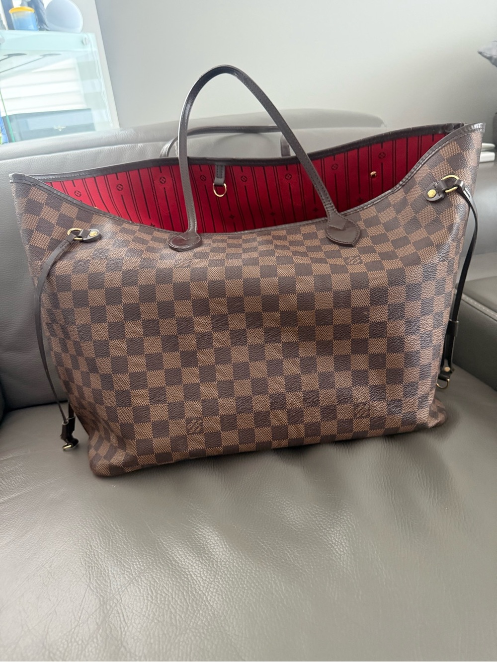 Louis Vuitton Brown Damier Canvas Shoulder Tote with Red Lining